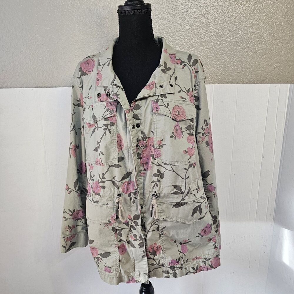 Lane Bryant Jacket Sz 22/24 Olive Green Floral Utility Cottage core K0170